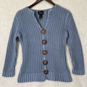 Pure Brand Handknit Cardigan Sweater Women M Blue Cotton Chunky Knit Big Buttons